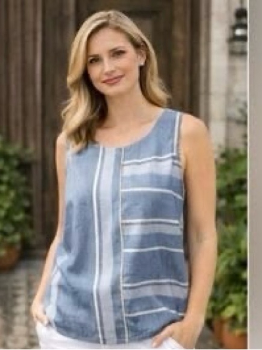 NWOT Ellen Tracy Linen Tunic Top Size XL Sleeveless Blue White Color Striped